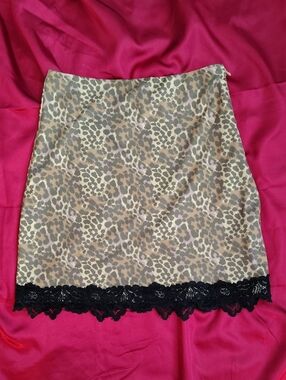 Tiger Mist Leopard Print Mini Skirt with Black Lace Trim